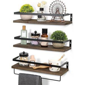3-Piece Wall Mounted Floating Bathroom Shelves with Towel Bar, Dark Brown, Wood
